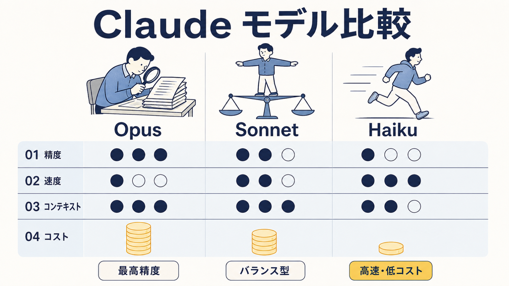 Claudeの3モデル（Opus・Sonnet・Haiku）を比較するヒーロー画像。上部に見出し「Claude モデル比較」。3列にOpus・Sonnet・Haikuの人物イラストがあり、Opusは書類を虫眼鏡で調べる人物、Sonnetは天秤の上でバランスを取る人物、Haikuは走っている人物として描かれる。各列の下に「01 精度」「02 速度」「03 コンテキスト」「04 コスト」の4項目が並び、精度・速度・コンテキストは丸いドットの塗り分けで、コストはコインの積み上げの高さで各モデルの相対的な位置づけを示す（Opusが最も高いコスト、Haikuが最も低いコスト）。各列の下部にOpusは「最高精度」、Sonnetは「バランス型」、Haikuは「高速・低コスト」の短いラベルが付く。数字・価格・バージョン番号・感嘆符・爆発型バッジは描かれていない。