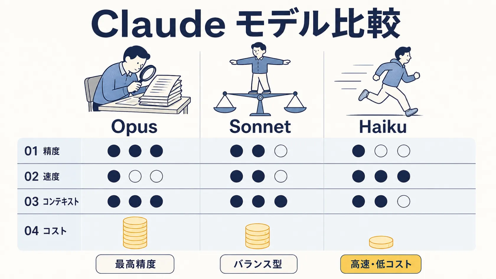 Claudeの3モデル（Opus・Sonnet・Haiku）を比較するヒーロー画像。上部に見出し「Claude モデル比較」。3列にOpus・Sonnet・Haikuの人物イラストがあり、Opusは書類を虫眼鏡で調べる人物、Sonnetは天秤の上でバランスを取る人物、Haikuは走っている人物として描かれる。各列の下に「01 精度」「02 速度」「03 コンテキスト」「04 コスト」の4項目が並び、精度・速度・コンテキストは丸いドットの塗り分けで、コストはコインの積み上げの高さで各モデルの相対的な位置づけを示す（Opusが最も高いコスト、Haikuが最も低いコスト）。各列の下部にOpusは「最高精度」、Sonnetは「バランス型」、Haikuは「高速・低コスト」の短いラベルが付く。数字・価格・バージョン番号・感嘆符・爆発型バッジは描かれていない。