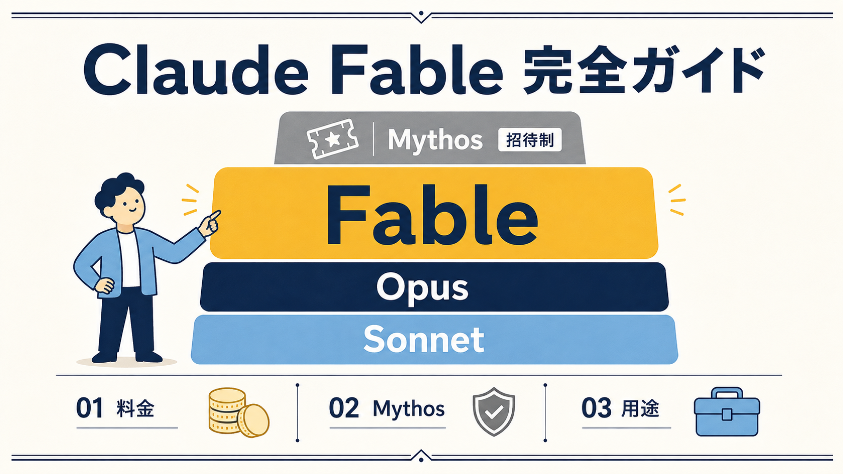 Claude Fable 完全ガイドのヒーロー図。上から招待制の「Mythos」、フラッグシップの「Fable」、その下に「Opus」「Sonnet」を配したモデル階層図。人物がFableのバーを指し示している。下部に「01 料金」「02 Mythos」「03 用途」の3つの番号付き要点ブロックがあり、それぞれコイン・盾・工具箱のピクトグラムが添えられている。バージョン番号・価格・日付は描かれていない。