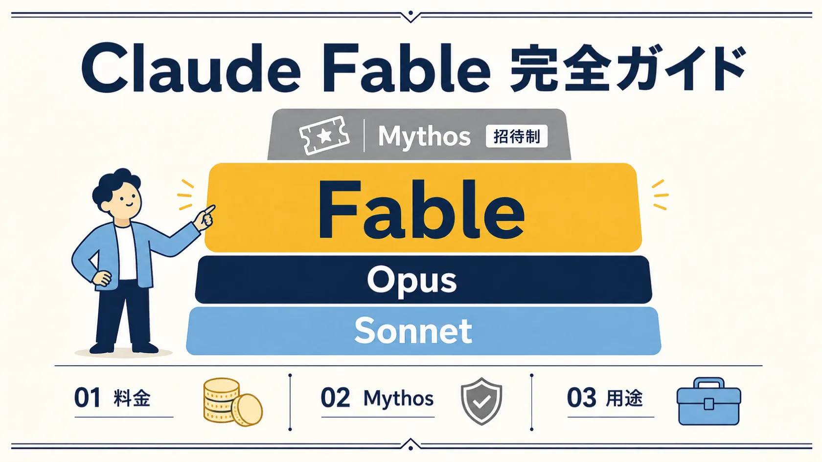 Claude Fable 完全ガイドのヒーロー図。上から招待制の「Mythos」、フラッグシップの「Fable」、その下に「Opus」「Sonnet」を配したモデル階層図。人物がFableのバーを指し示している。下部に「01 料金」「02 Mythos」「03 用途」の3つの番号付き要点ブロックがあり、それぞれコイン・盾・工具箱のピクトグラムが添えられている。バージョン番号・価格・日付は描かれていない。