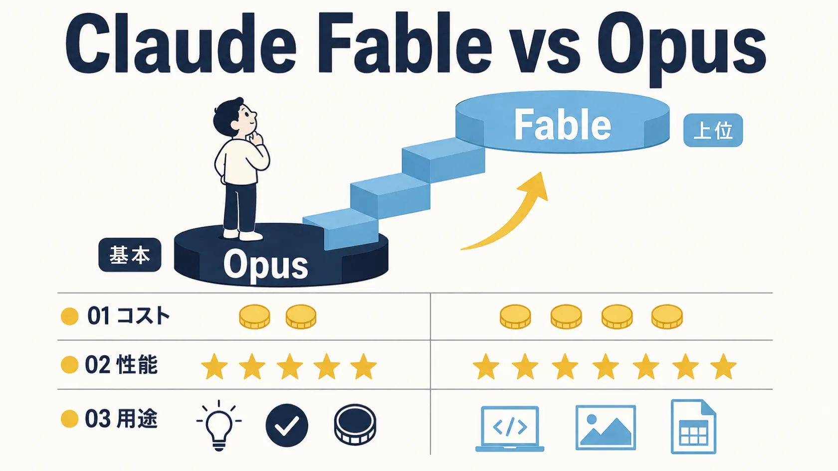 Claude Fable と Opus を比較するヒーロー図。中央の小さな人物がOpusの土台に立ち、数段の階段の先にあるFableの高い台を見上げている。Opus側に「基本」、Fable側に「上位」の小さなバッジがあり、まず基本のOpusから始め必要に応じてFableへ進む選び方を示す。コスト・性能・用途の3軸を「01 コスト」「02 性能」「03 用途」の番号付きで比較し、コスト軸ではFable側にコインの絵が多く、性能軸では両者とも星の絵がほぼ同数でFableが1つ多く、用途軸ではFable側にコード・写真・書類のアイコン、Opus側に電球・チェックマーク・コインのアイコンが描かれている。上部に「Claude Fable vs Opus」の見出し。